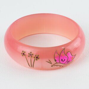 Vintage Lucite Bracelet Bangle Pink with carved Butterfly design and rhinestone